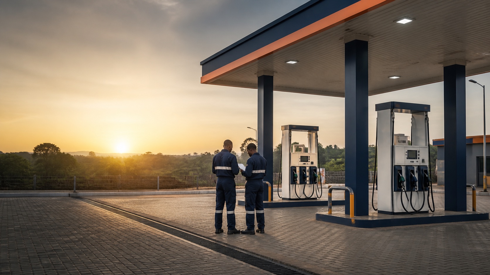Fuel-system technicians reviewing an unbranded petrol-station forecourt at sunrise