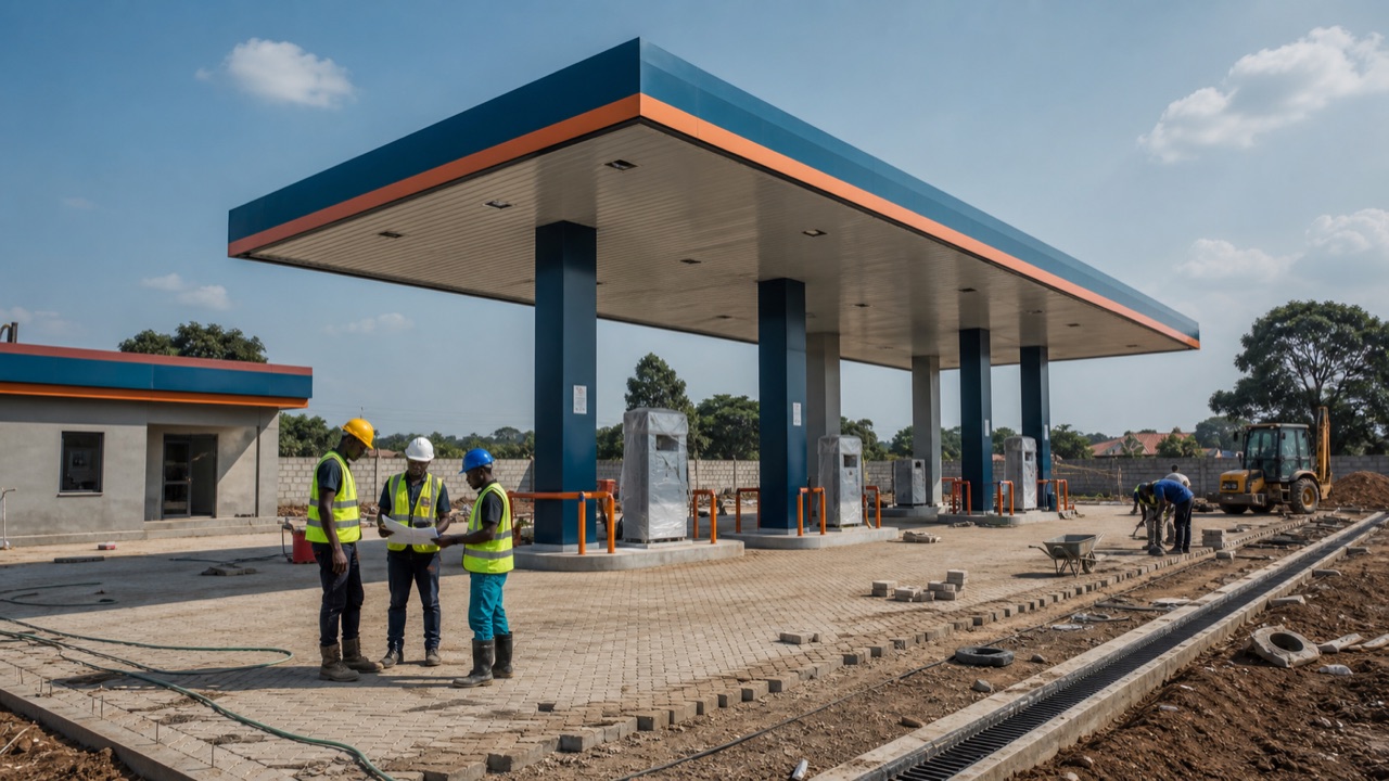 Petrol-station canopy and forecourt construction in progress