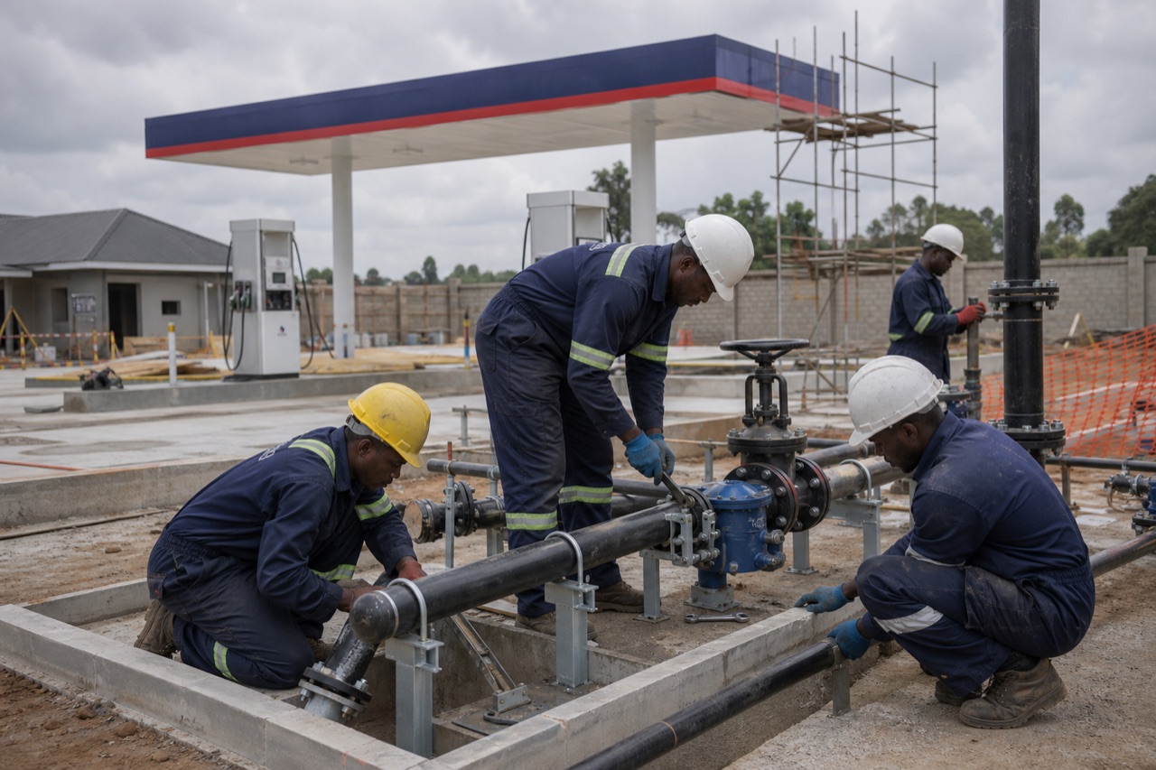 Technicians installing supported fuel pipework and valves
